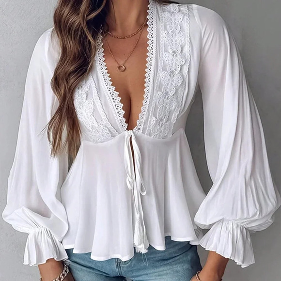 Tops - White Sexy Women's Contrast Lace Long Lantern Sleeve Blouse